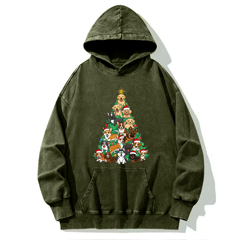 Tokyo-Tiger Christmas Tree Dog Funny Washed Hoodie