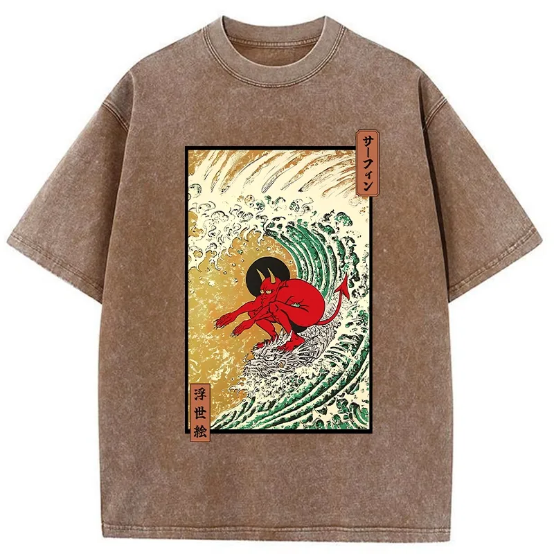 Tokyo-Tiger Surfing Demon Washed T-Shirt