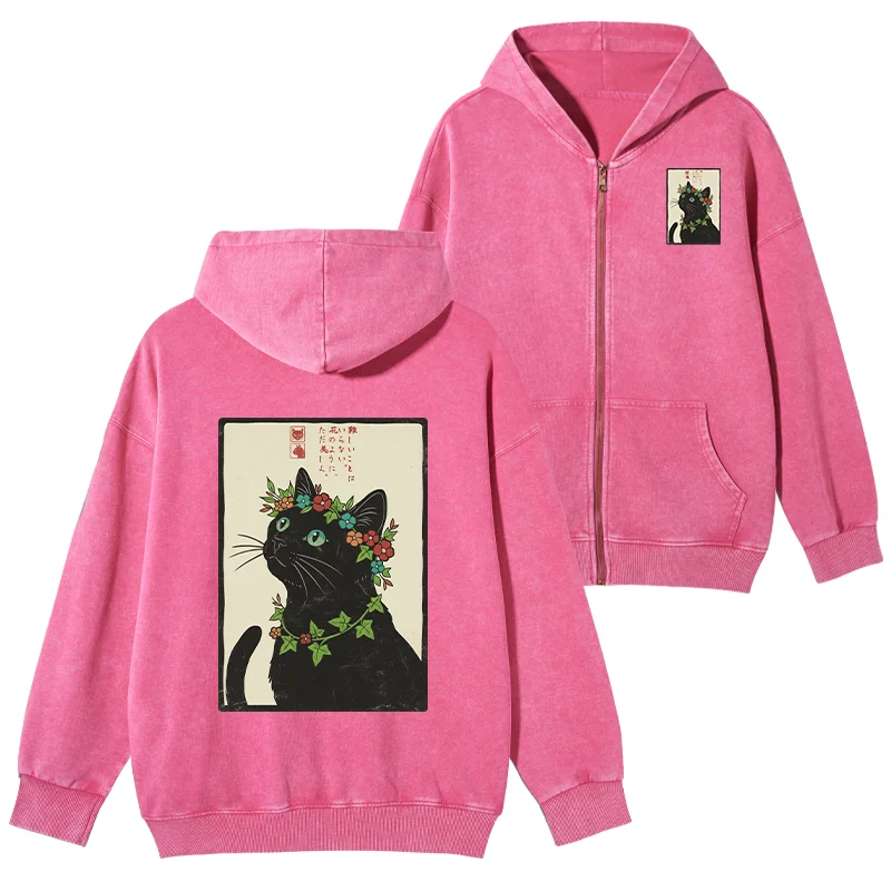 Tokyo-Tiger The Flower-Crowned Cat Washed Zip Hoodie