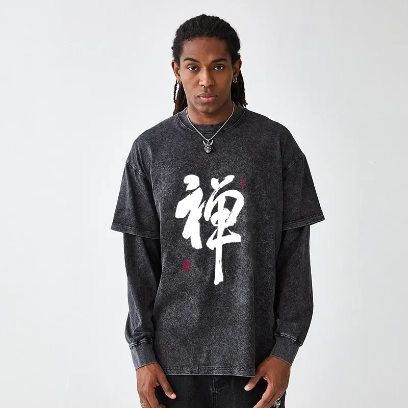 Tokyo-Tiger Japanese Zen Kanji Washed Double Layer T-Shirt