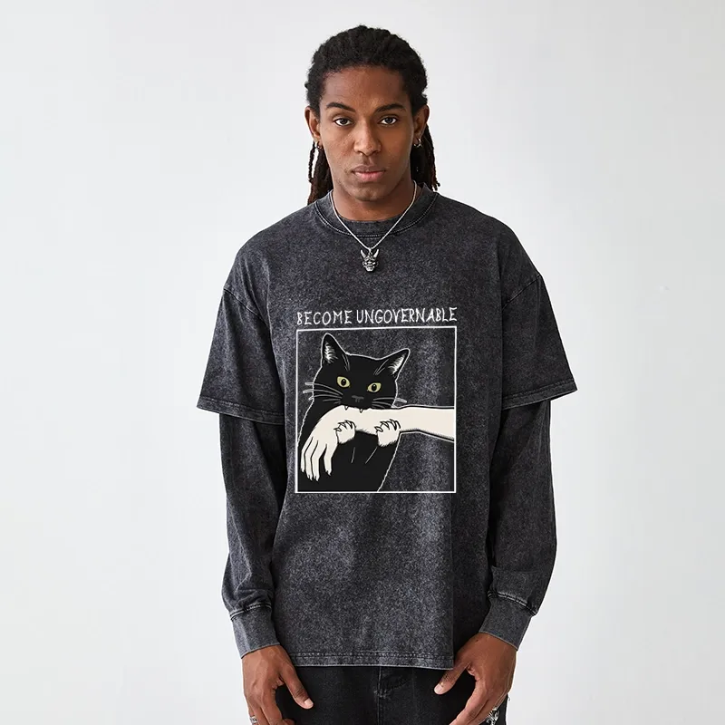 Tokyo-Tiger Black Cat Biting Washed Double Layer T-Shirt
