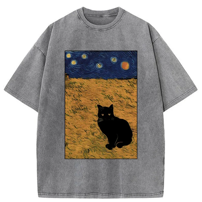 Tokyo-Tiger Cat In The Field Under Starry Sky Washed T-Shirt