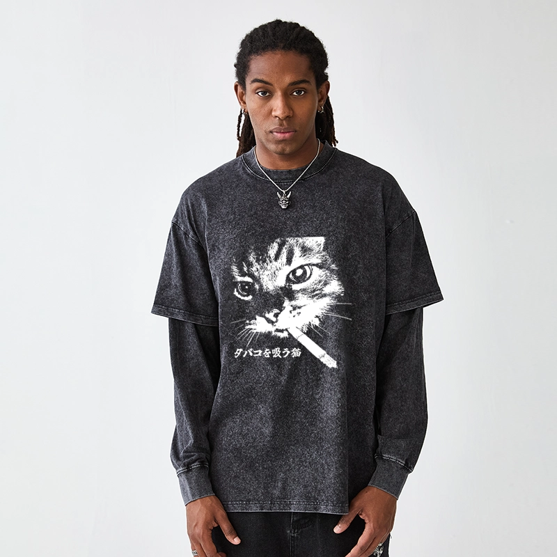 Tokyo-Tiger Retro Cat Smoking Washed Double Layer T-Shirt