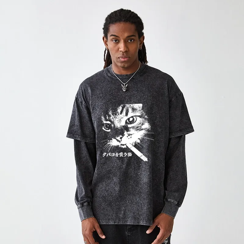 Tokyo-Tiger Retro Cat Smoking Washed Double Layer T-Shirt