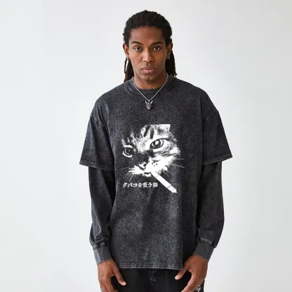 Tokyo-Tiger Retro Cat Smoking Washed Double Layer T-Shirt