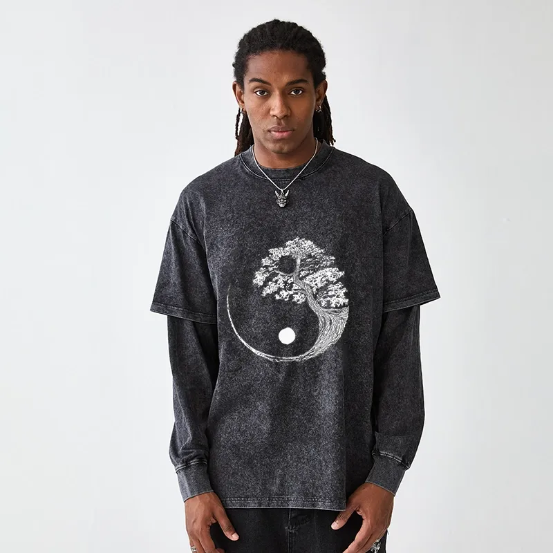 Tokyo-Tiger Yin-Yang Tai Chi Tree Washed Double Layer T-Shirt