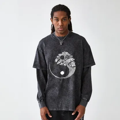 Tokyo-Tiger Yin-Yang Tai Chi Tree Washed Double Layer T-Shirt