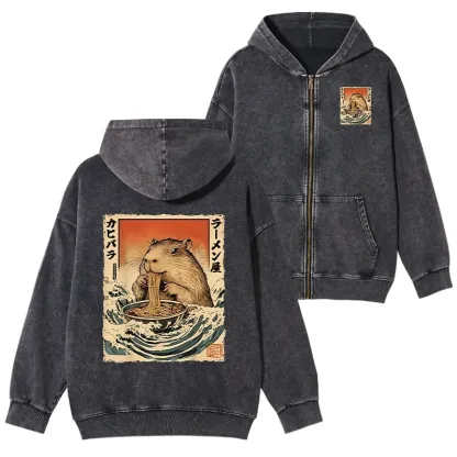 Tokyo-Tiger Hamster Eating Ramen Washed Zip Hoodie