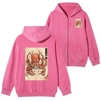 Tokyo-Tiger Retro Octopus Eating Ramen Washed Zip Hoodie
