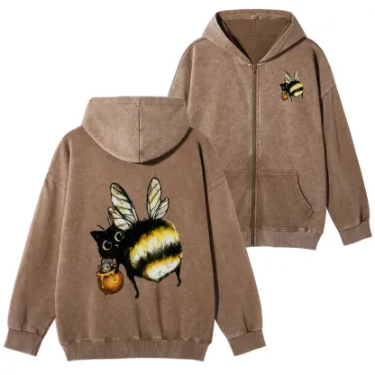 Tokyo-Tiger Cute Catbee Butt Washed Zip Hoodie
