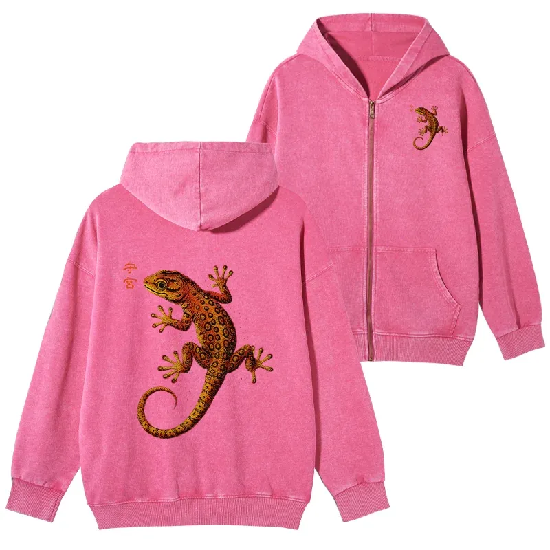 Tokyo-Tiger Retro Gecko Funny Washed Zip Hoodie