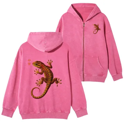 Tokyo-Tiger Retro Gecko Funny Washed Zip Hoodie