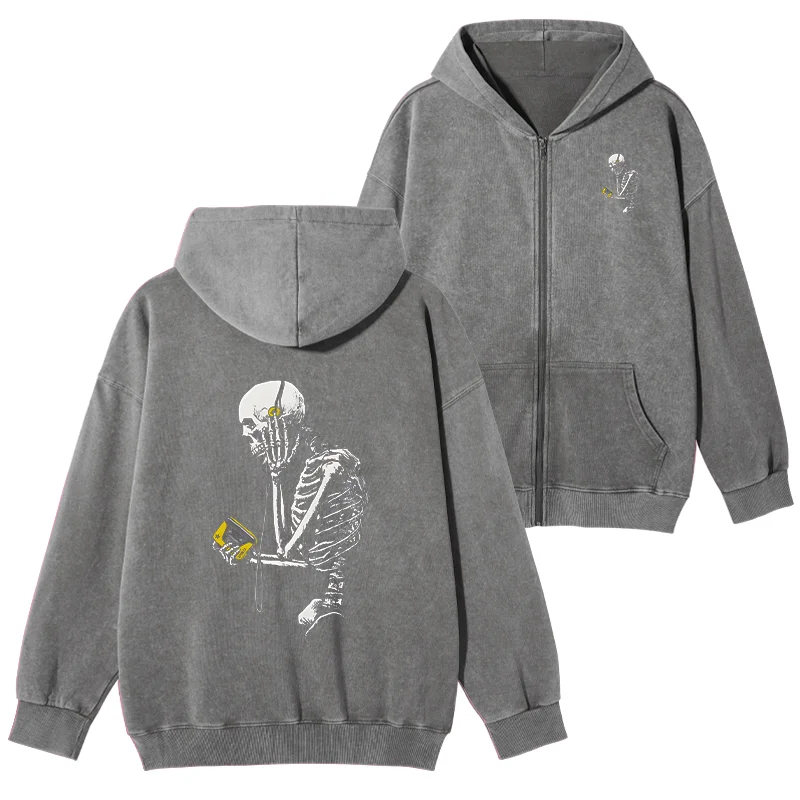 Tokyo-Tiger Skeleton Listening To Music Washed Zip Hoodie