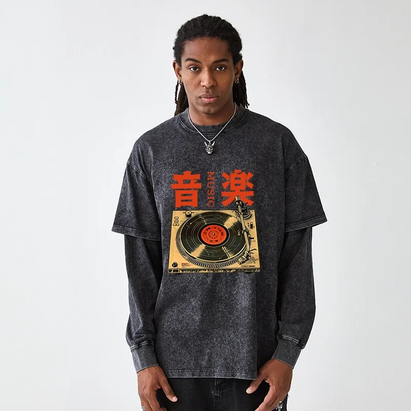 Tokyo-Tiger Retro Music Record Player Washed Double Layer T-Shirt