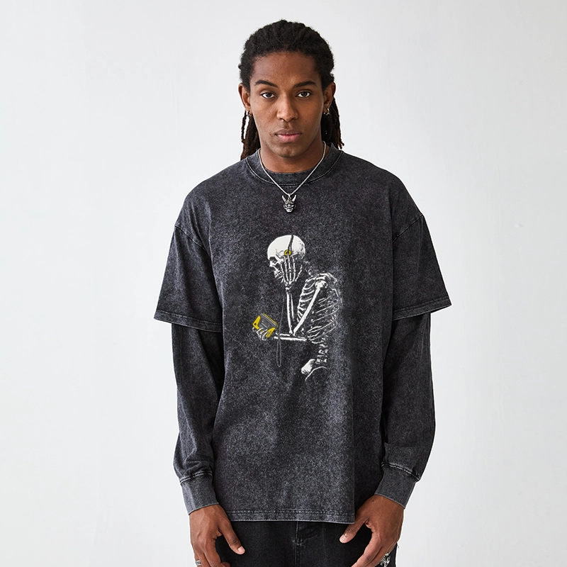 Tokyo-Tiger Skeleton Listening To Music Washed Double Layer T-Shirt