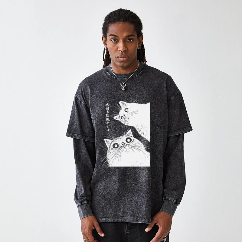 Tokyo-Tiger The Cat Is Watching Today Washed Double Layer T-Shirt