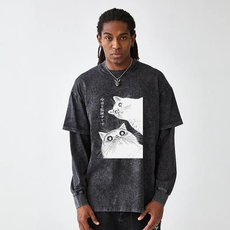 Tokyo-Tiger The Cat Is Watching Today Washed Double Layer T-Shirt