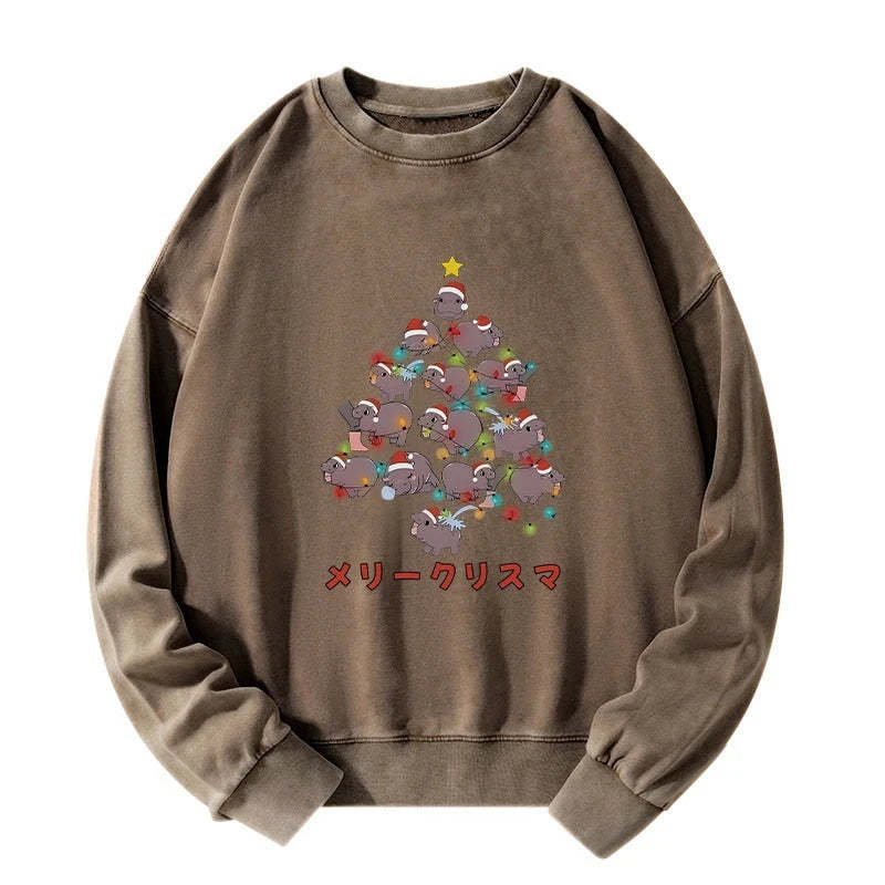 Tokyo-Tiger Moo Deng Christmas Tree Japanese Washed Sweatshirt