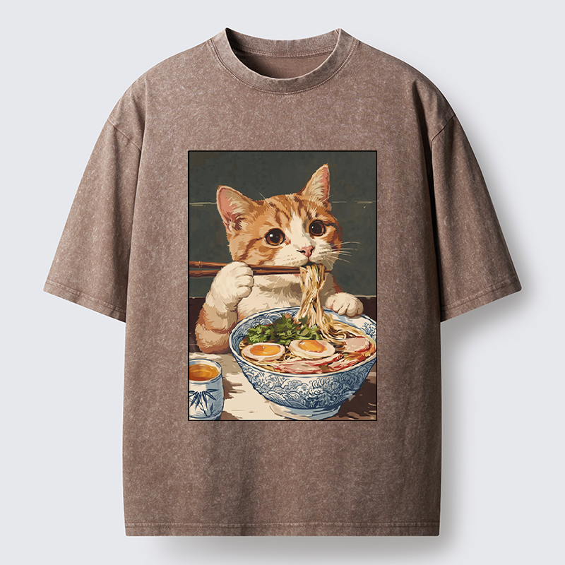 Tokyo-Tiger Cute Cat Eating Ramen Japanese Poster Washed T-Shirt