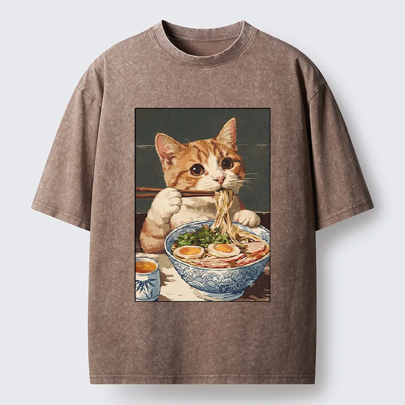 Tokyo-Tiger Cute Cat Eating Ramen Japanese Poster Washed T-Shirt