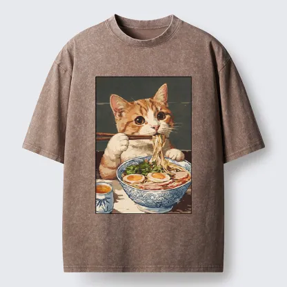 Tokyo-Tiger Cute Cat Eating Ramen Japanese Poster Washed T-Shirt