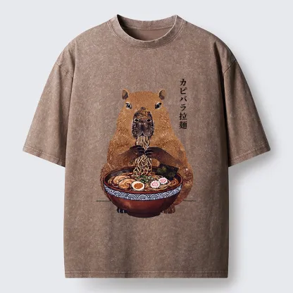 Tokyo-Tiger Japanese Retro Capybara Eating Ramen Washed T-Shirt