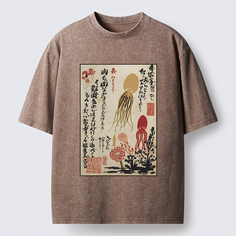 Tokyo-Tiger Ink Painting Octopus Ukiyoe Washed T-Shirt