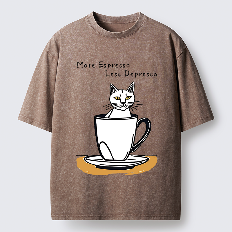 Tokyo-Tiger More Espresso Coffee Cat Washed T-Shirt
