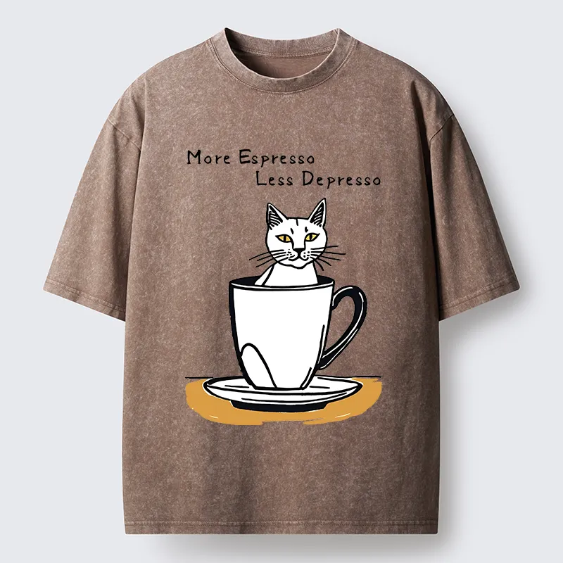 Tokyo-Tiger More Espresso Coffee Cat Washed T-Shirt