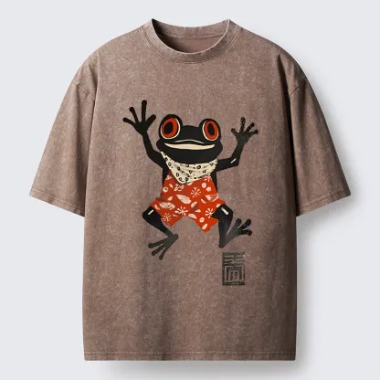 Tokyo-Tiger Japanese Happy Frog Ukiyoe Washed T-Shirt