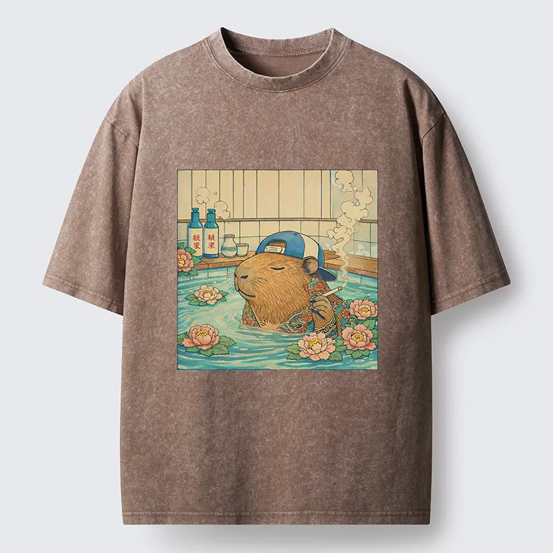 Tokyo-Tiger Capybara Enjoy Onsen Washed T-Shirt