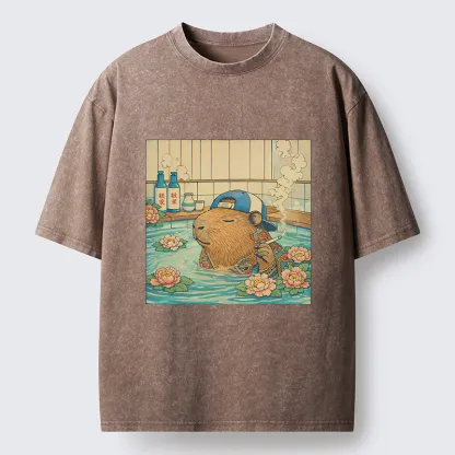 Tokyo-Tiger Capybara Enjoy Onsen Washed T-Shirt