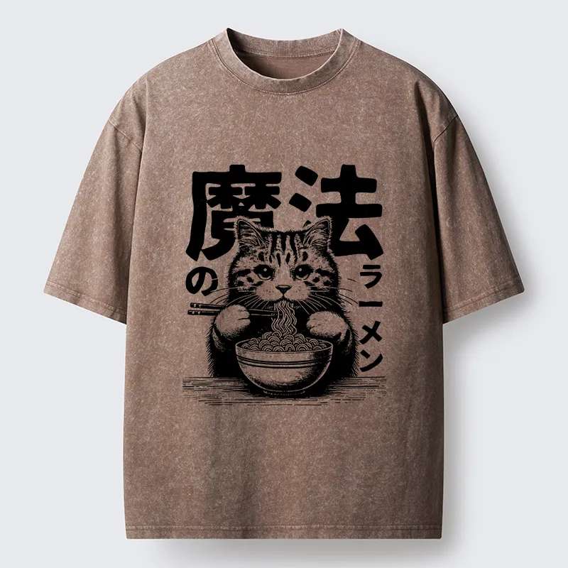 Tokyo-Tiger Cat Eating Magic Ramen Washed T-Shirt