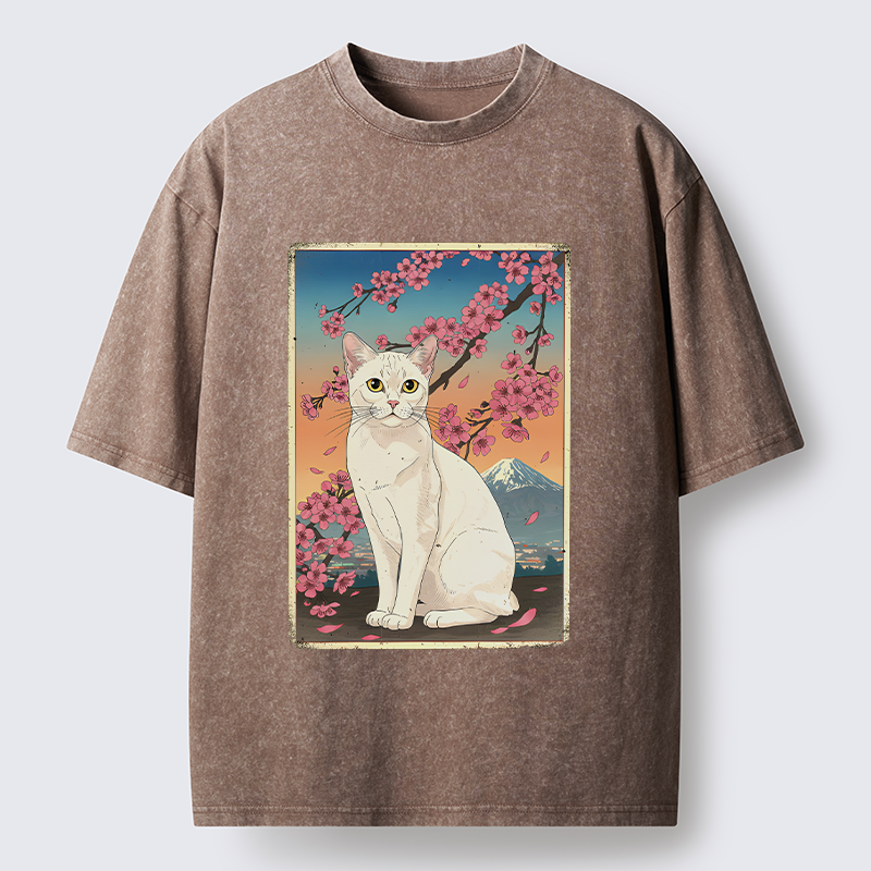 Tokyo-Tiger Sakura Fuji And Cat Japanese Art Washed T-Shirt