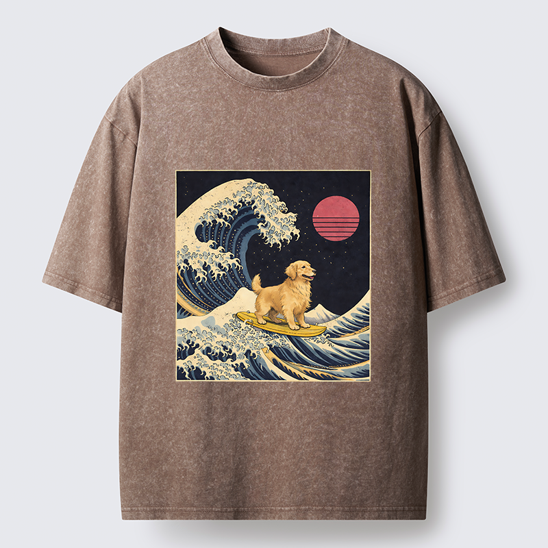 Tokyo-Tiger The Great Wave Dog Funny Washed T-Shirt