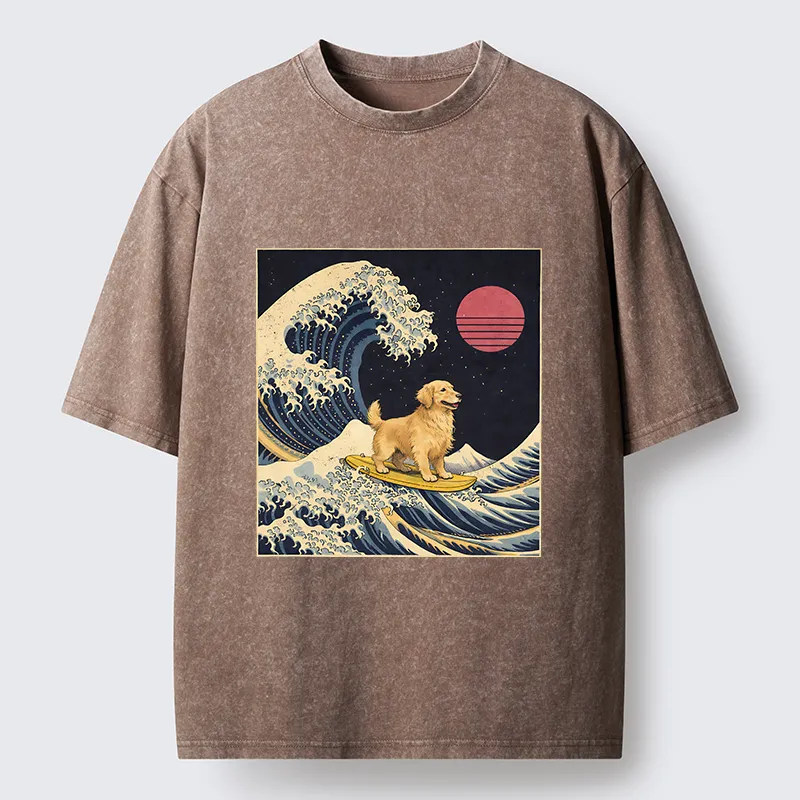 Tokyo-Tiger The Great Wave Dog Funny Washed T-Shirt