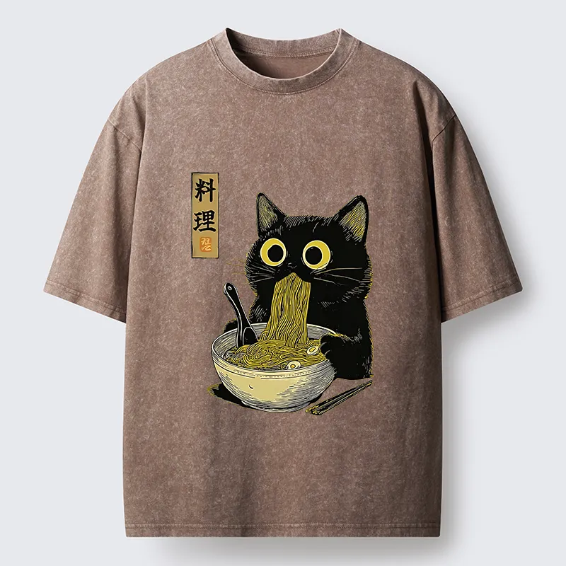 Tokyo-Tiger Japanese Black Cat Ramen Noodle Washed T-Shirt