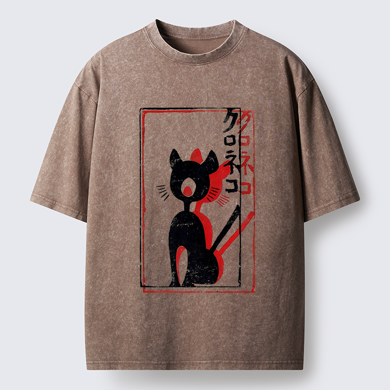 Tokyo-Tiger Japanese Retro Black Cat Poster Washed T-Shirt
