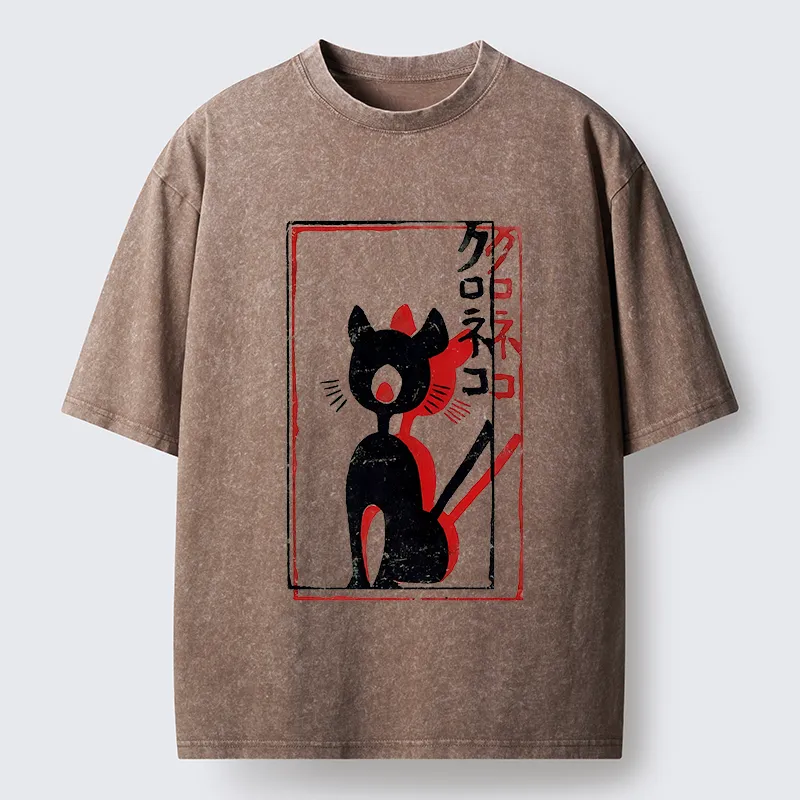 Tokyo-Tiger Japanese Retro Black Cat Poster Washed T-Shirt