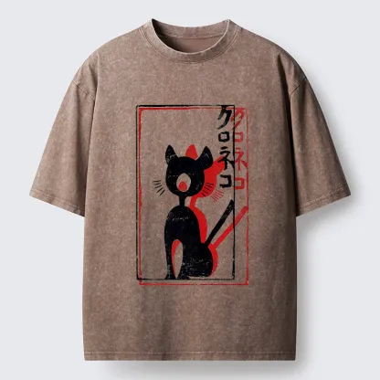 Tokyo-Tiger Japanese Retro Black Cat Poster Washed T-Shirt