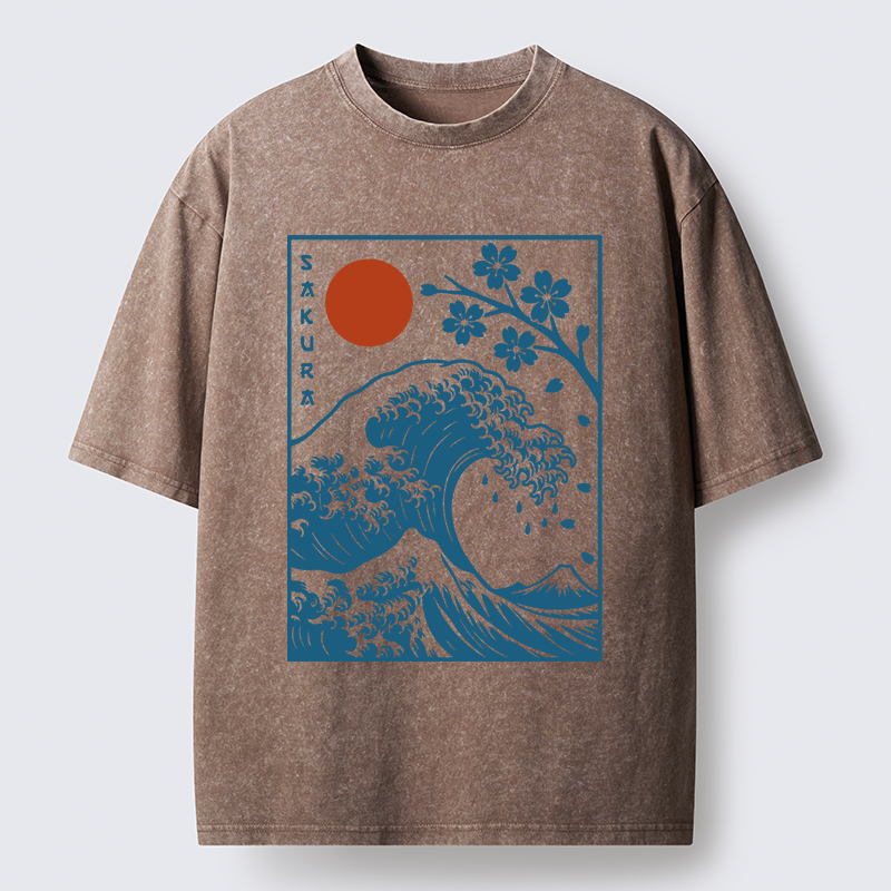 Tokyo-Tiger Japanese The Great Wave And Sakura Washed T-Shirt
