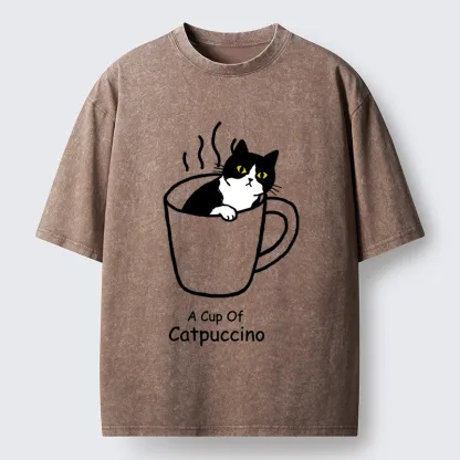 Tokyo-Tiger Catpuccino Cat Coffee Funny Washed T-Shirt