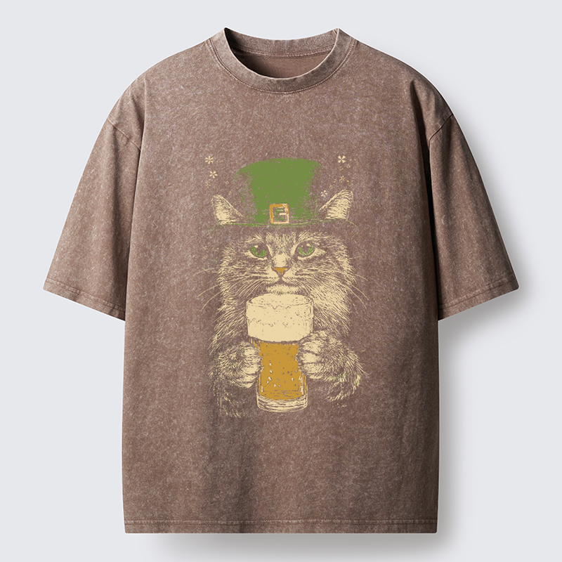 Tokyo-Tiger St Patrick's Day Drinking Cat Washed T-Shirt