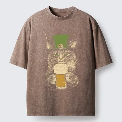 Tokyo-Tiger St Patrick's Day Drinking Cat Washed T-Shirt