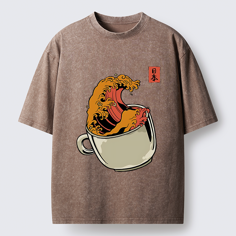 Tokyo-Tiger Japanese Wave Coffee Ukiyoe Washed T-Shirt
