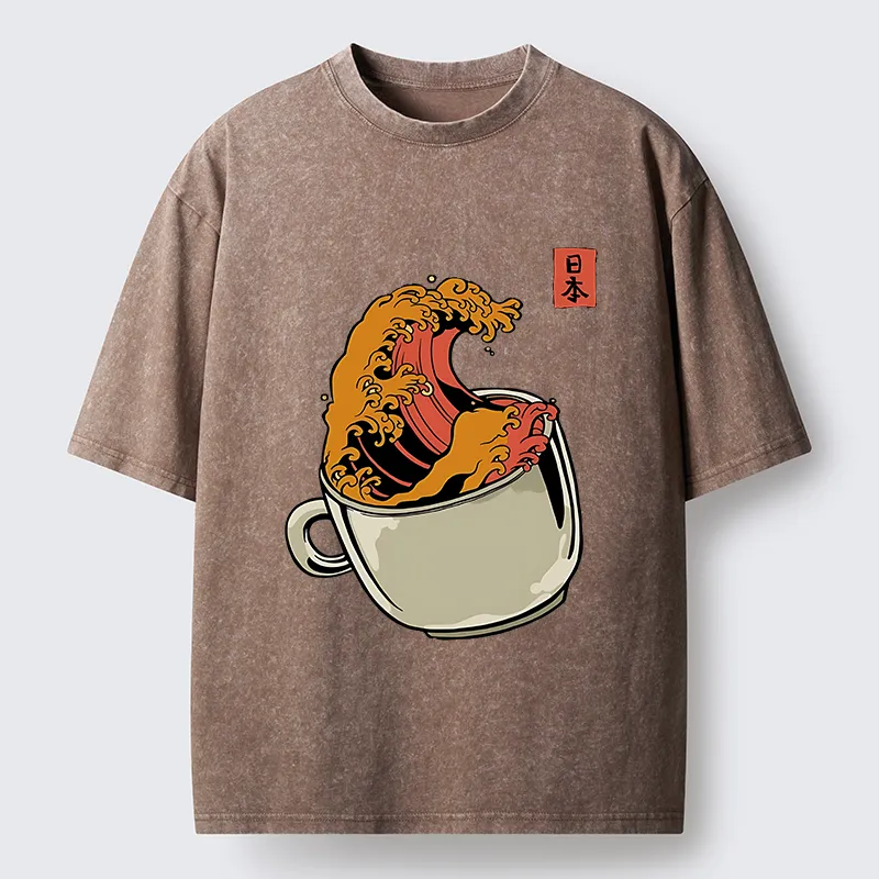 Tokyo-Tiger Japanese Wave Coffee Ukiyoe Washed T-Shirt