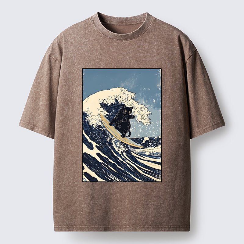 Tokyo-Tiger Black Cat Surfing Wave Japanese Ukiyoe Washed T-Shirt
