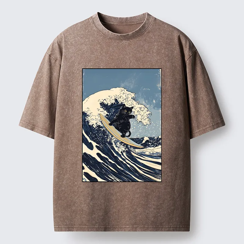 Tokyo-Tiger Black Cat Surfing Wave Japanese Ukiyoe Washed T-Shirt