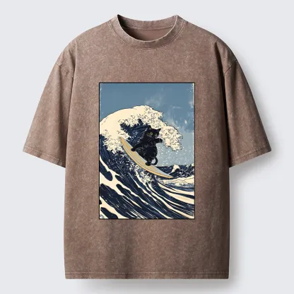 Tokyo-Tiger Black Cat Surfing Wave Japanese Ukiyoe Washed T-Shirt