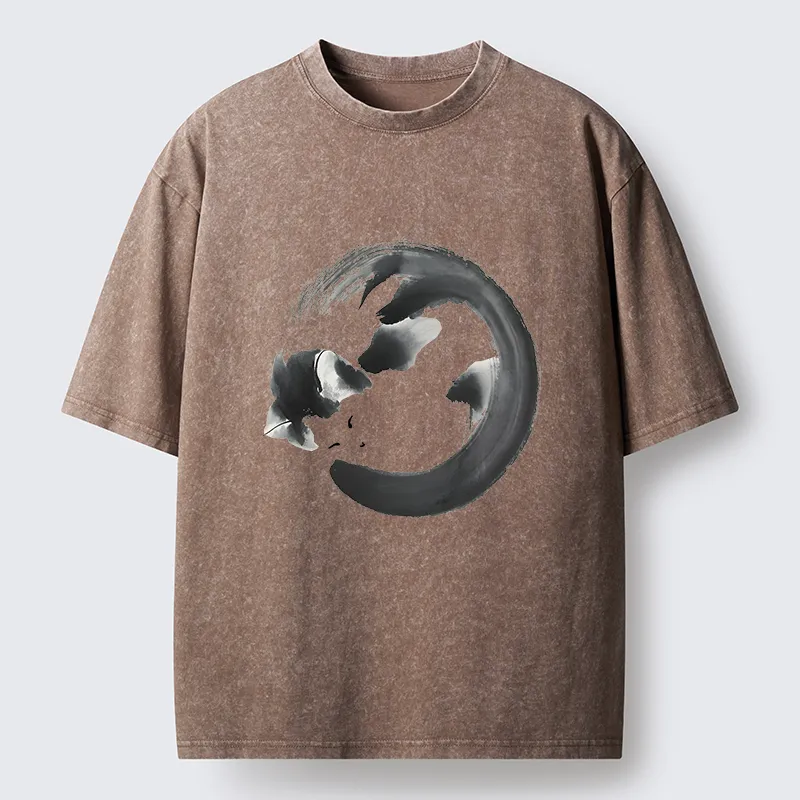 Tokyo-Tiger Inkpainting Cat Zen Enso Washed T-Shirt
